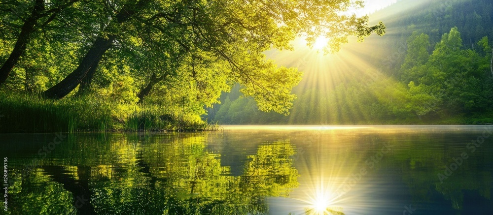 Fototapeta premium Backlit forest trees creating shimmering reflections in tranquil lake water at dawn in Stanley Idaho