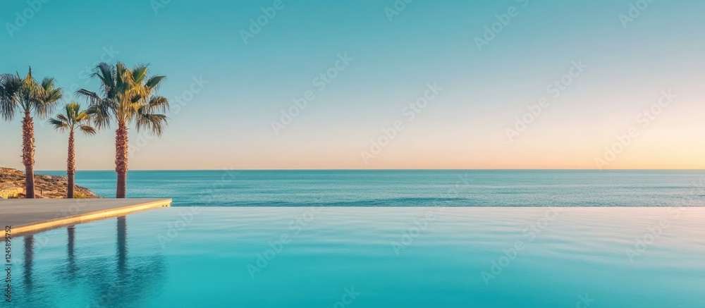Serene beach scene with palm trees and turquoise water overlooking an illuminated pool under a clear blue sky ideal for text placement. Serene beach scene with palm trees and turquoise water overlooking an illuminated pool under a clear blue sky ideal for text placement.
