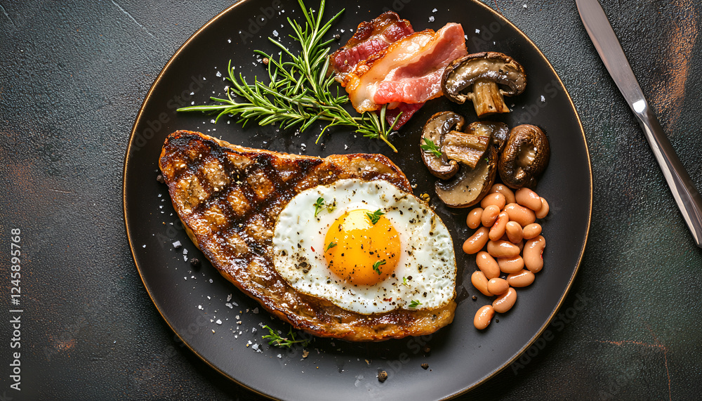 English breakfast - fried egg, beans, tomatoes, mushrooms, bacon and toast. Top view English breakfast - fried egg, beans, tomatoes, mushrooms, bacon and toast. Top view