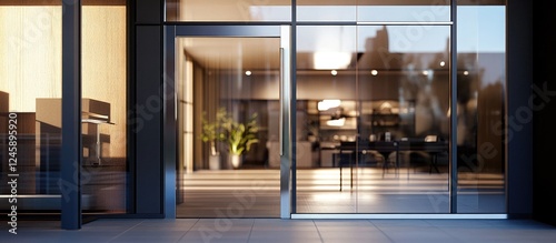 Modern aluminum door with chrome handle and glass, showcasing an inviting store entrance and contemporary interior design. photo