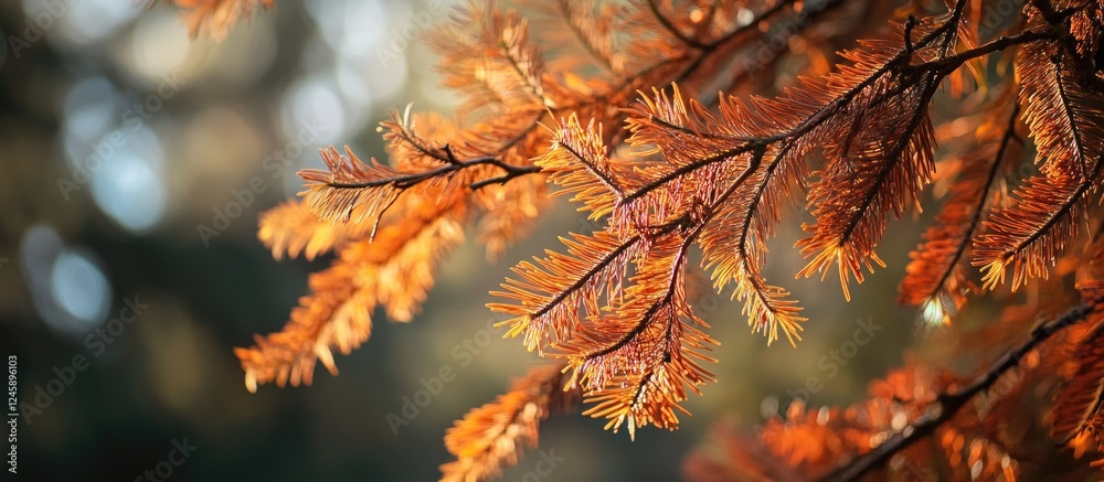 Autumn foliage of dawn redwood Metasequoia with warm hues and soft sunlight creating an enchanting seasonal atmosphere. Autumn foliage of dawn redwood Metasequoia with warm hues and soft sunlight creating an enchanting seasonal atmosphere.