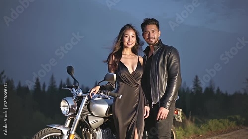 A couple in love stands near a motorcycle