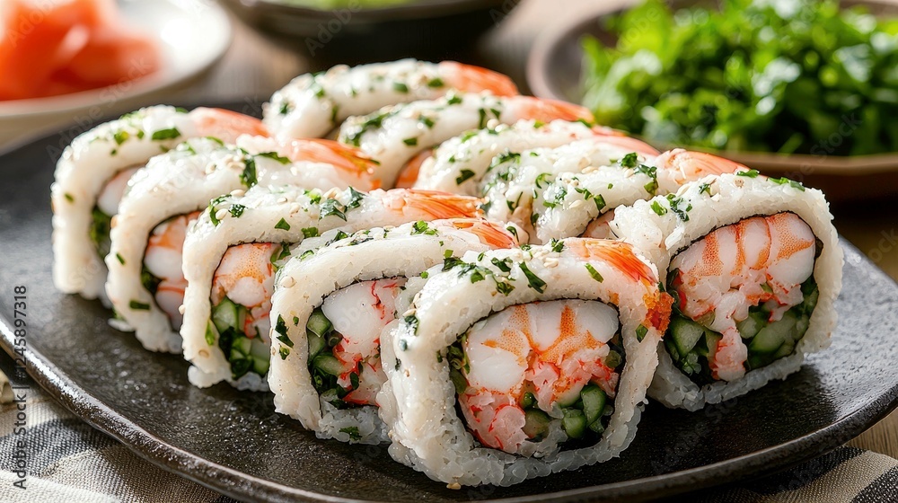 Scrumptious Shrimp Sushi Rolls: A Culinary Delight of Fresh Seafood, Rice, and Cucumber, Perfect for a Delicious and Healthy Meal. Scrumptious Shrimp Sushi Rolls: A Culinary Delight of Fresh Seafood, Rice, and Cucumber, Perfect for a Delicious and Healthy Meal.