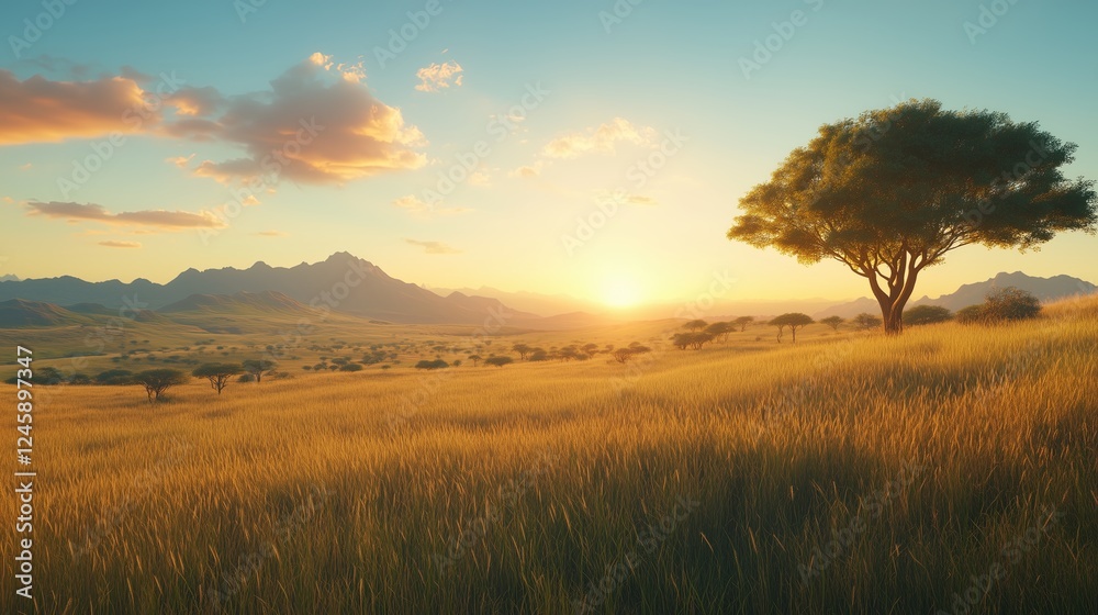 Sunrise over serene landscape open field nature view tranquility Sunrise over serene landscape open field nature view tranquility