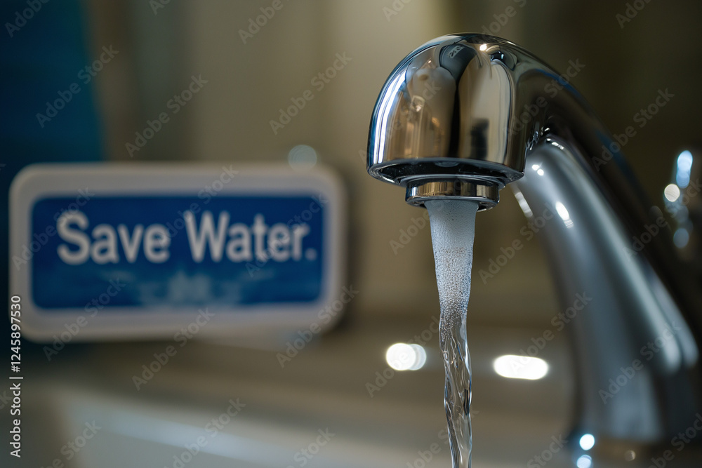 Water Conservation Awareness: A Faucet Dripping Water with a 'Save Water' Sign to Encourage Sustainable Practices and Prevent Water Waste Water Conservation Awareness: A Faucet Dripping Water with a 'Save Water' Sign to Encourage Sustainable Practices and Prevent Water Waste