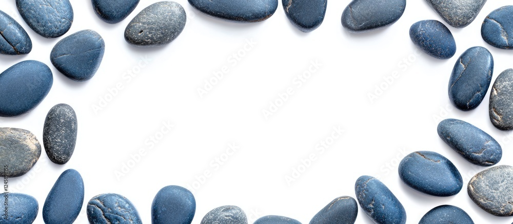 Dark blue pebbles arranged in an elegant frame on a bright white background creating a spacious copy area for versatile design use Dark blue pebbles arranged in an elegant frame on a bright white background creating a spacious copy area for versatile design use