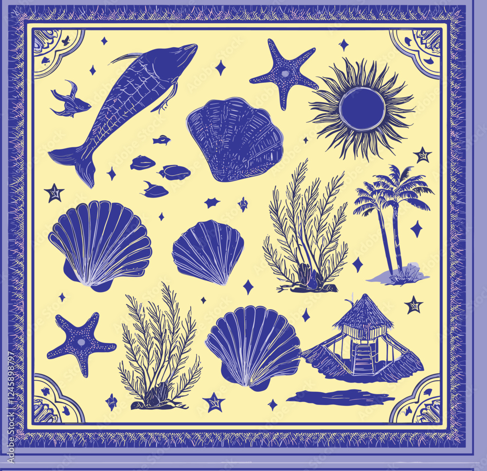 custom made wallpaper toronto digitalPresents a square design with marine-themed illustrations in shades of blue and beige, including a dolphin, shells, starfish, and aquatic plants.