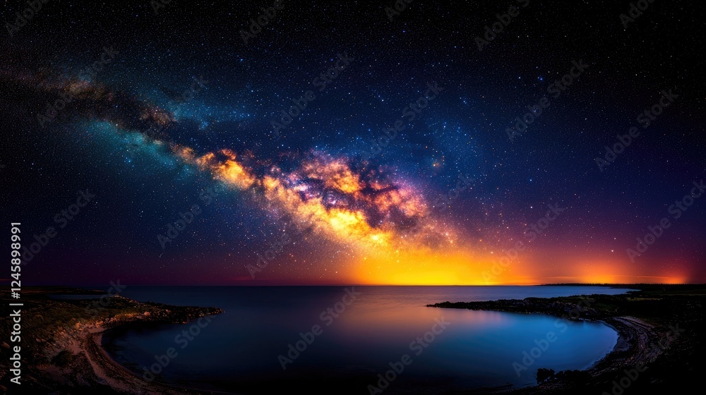 Fototapeta premium Night sky, Milky Way over ocean, coastal landscape, stars