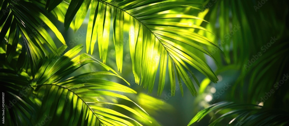 Obraz premium Lush green palm leaves illuminated by soft backlight creating a vibrant and serene natural backdrop for design elements.