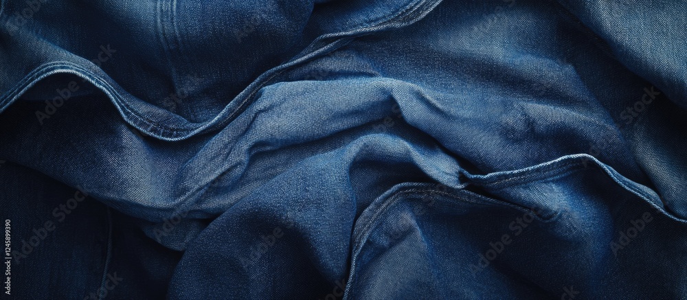 Denim fabric texture in deep blue hues showcasing the intricate weave and folds of classic jean style.