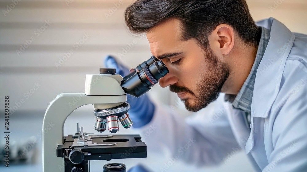 Focused Scientist Using a Microscope in a Modern Laboratory: Scientific Research and Discovery Focused Scientist Using a Microscope in a Modern Laboratory: Scientific Research and Discovery