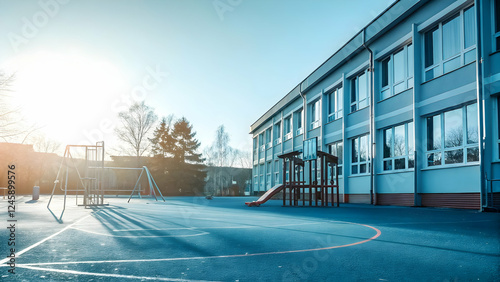 A schoolyard featuring a basketball court and exterior of a school building captured in warm sunny evening light with playground area concept as A schoolyard featuring a basketball court and the exter photo