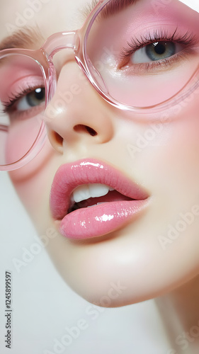 Close-up of glossy pink lips and stylish transparent glasses