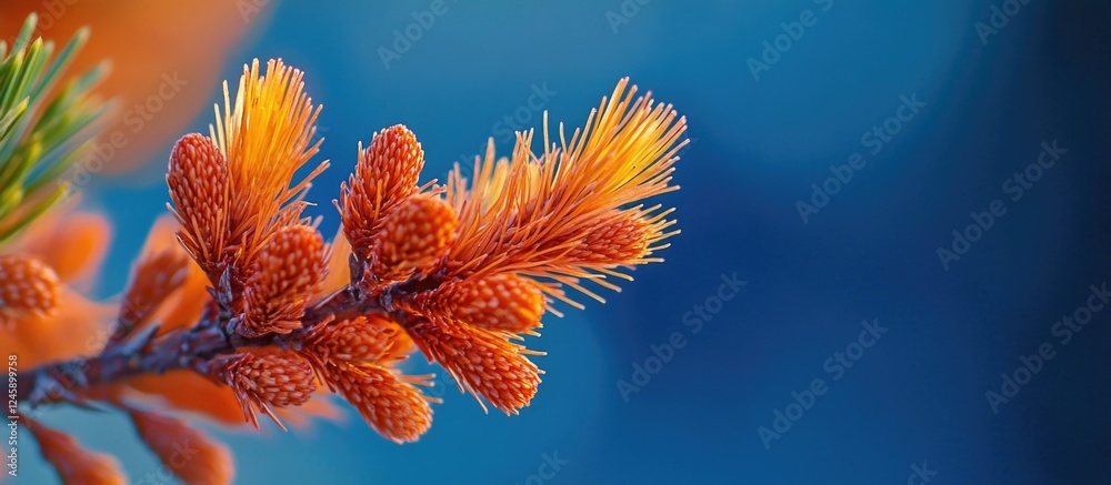 Vibrant orange flower branch against a serene blue background showcasing natural beauty and color contrast in nature photography Vibrant orange flower branch against a serene blue background showcasing natural beauty and color contrast in nature photography