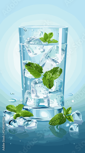 Refreshing Glass of Cold Water with Fresh Mint, Cucumber, and Ice Cubes