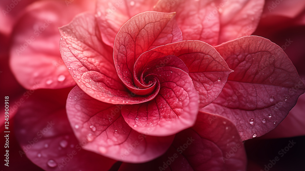 Red spiral flower petals with water droplets in macro view, showcasing natural pattern and delicate texture of exotic bloom Red spiral flower petals with water droplets in macro view, showcasing natural pattern and delicate texture of exotic bloom