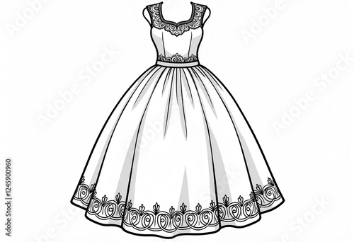 High-Definition Wedding Dress Coloring Page: Simple Black and White Clip Art on a White Background, Featuring an All-White Dress with Bottom Borders and Small Decorations on the Neck for Adults.


