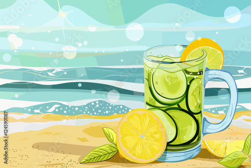 Refreshing Lemon and Cucumber Infused Water in Mug on Sandy Shoreline with Ocean Waves