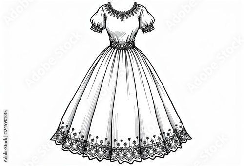 Simple White Wedding Dress Clip Art: High-Definition Black and White Coloring Page for Adults, Featuring Borders at the Bottom and Small Decorations on the Neck, on a Clean White Background.

