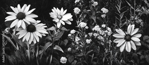 Fototapeta Naklejka Na Ścianę i Meble -  Black and white photography of vibrant wildflowers in a serene garden setting showcasing nature's beauty and tranquility.