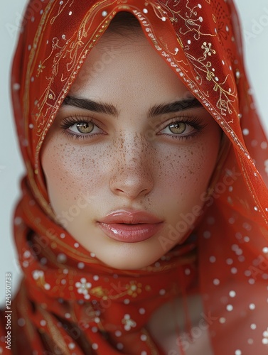 Beautiful Arab woman with brown eyes, clear facial features, with homogeneous clear skin wearing red hijab embroidered with gold. photo