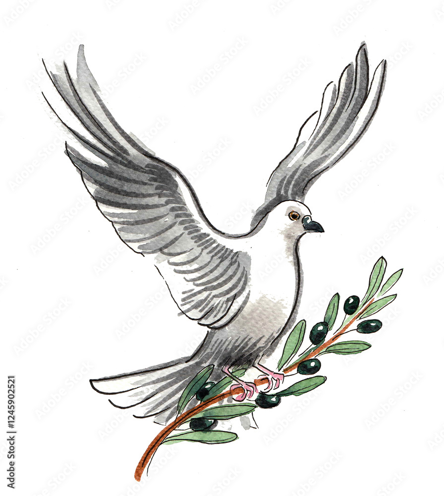 Obraz premium Flying white dove with olive branch. Hand drawn watercolour illustration