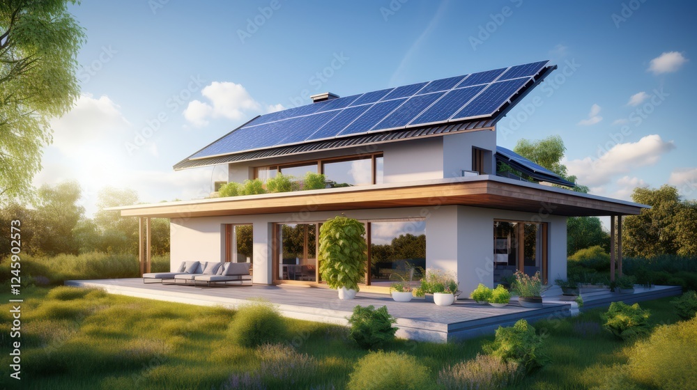 Minimalist Sustainable Home Design in Empty Space - 3D Render with Solar Panels and Large Windows for Eco-Friendly Living Minimalist Sustainable Home Design in Empty Space - 3D Render with Solar Panels and Large Windows for Eco-Friendly Living
