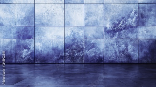 Giant multimedia wall with abstract digital screens, gradient lighting, and futuristic minimalism, symbolizing the fusion of technology and design.