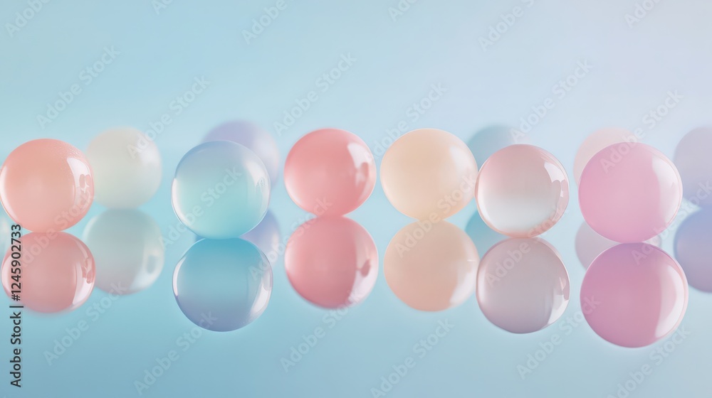 Pastel Dream: A minimalist arrangement of iridescent pastel-colored spheres creates a mesmerizing pattern against a soft blue backdrop. This abstract image evokes a sense of calmness and tranquility. Pastel Dream: A minimalist arrangement of iridescent pastel-colored spheres creates a mesmerizing pattern against a soft blue backdrop. This abstract image evokes a sense of calmness and tranquility.