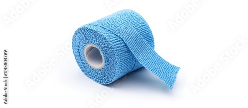 Blue elastic bandage roll for secure wound dressing application isolated on white background for medical and first aid purposes