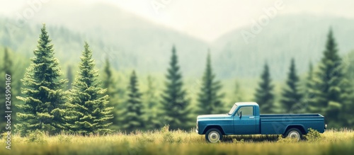 Vintage blue pickup truck in rural landscape surrounded by lush green pine trees with ample empty space for text placement photo