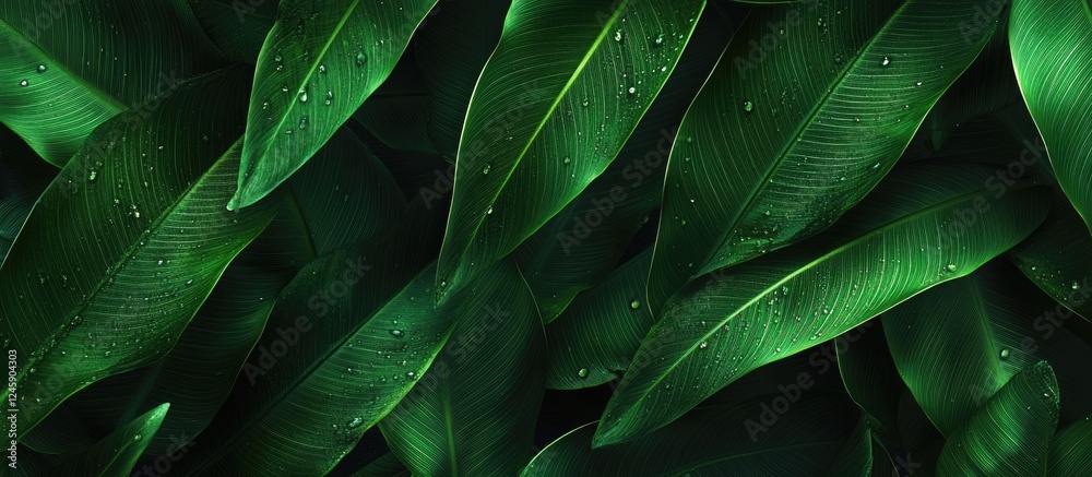 Obraz premium Green leaf texture with water droplets close-up after rain for nature themed banners or backgrounds with ample copy space for design purposes