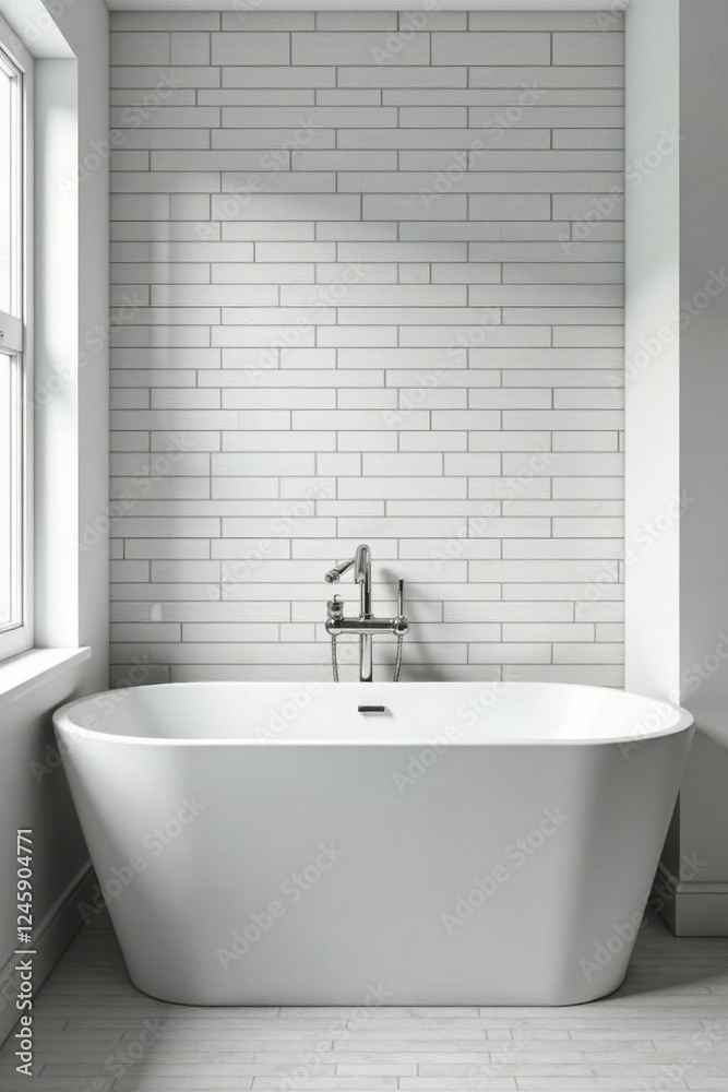 Fototapeta premium White subway tile, gray grout, freestanding tub, chrome accents, spa, accents, grout