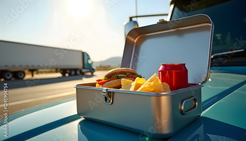 Truck driver's lunch, enjoying a burger and soda, with highway view behind
