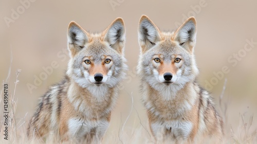 Coyotes pair, field, alert, wildlife, nature background, poster
