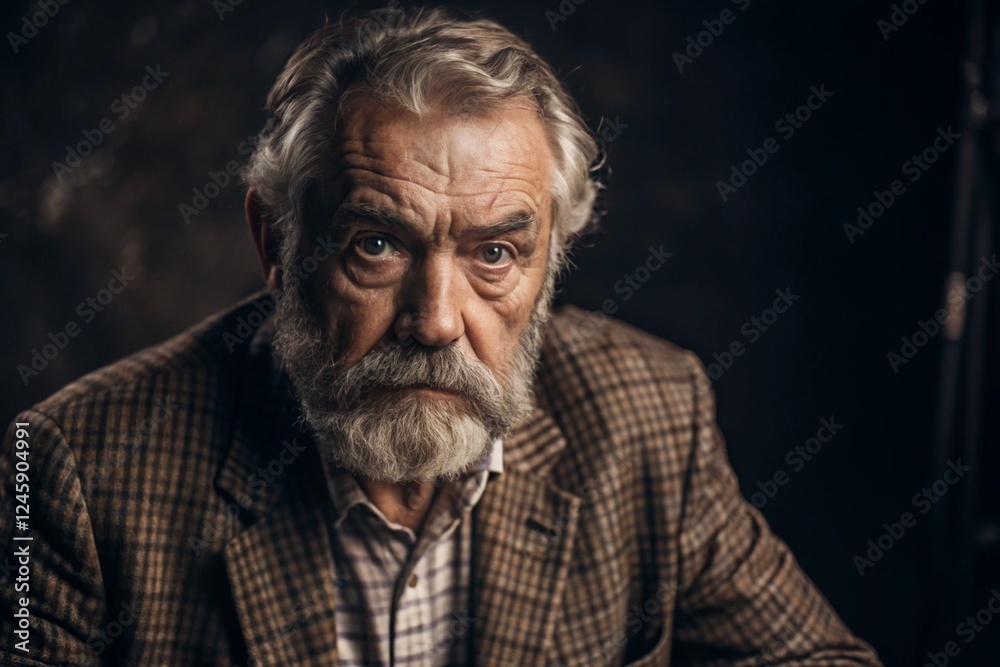 Studio portrait of a stylish, elegant elderly man, 70 years old, in a checkered jacket in brown tones. The concept of the elderly. Studio portrait of a stylish, elegant elderly man, 70 years old, in a checkered jacket in brown tones. The concept of the elderly.