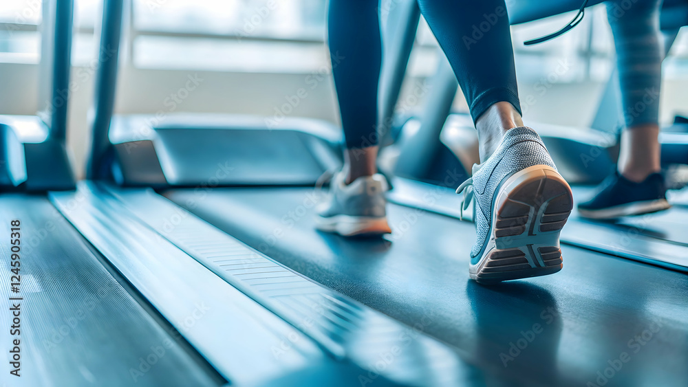 Close-Up of Running Shoes on a Fitness Woman Jogging: Capturing Health, Fitness, and Active Lifestyle in Stock Photo with Empty Space for Your Creative Needs Close-Up of Running Shoes on a Fitness Woman Jogging: Capturing Health, Fitness, and Active Lifestyle in Stock Photo with Empty Space for Your Creative Needs