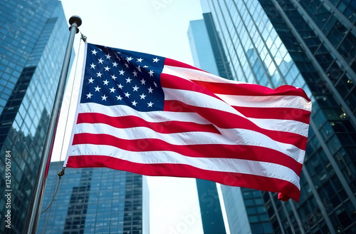 US flag in downtown against the backdrop of buildings in America.