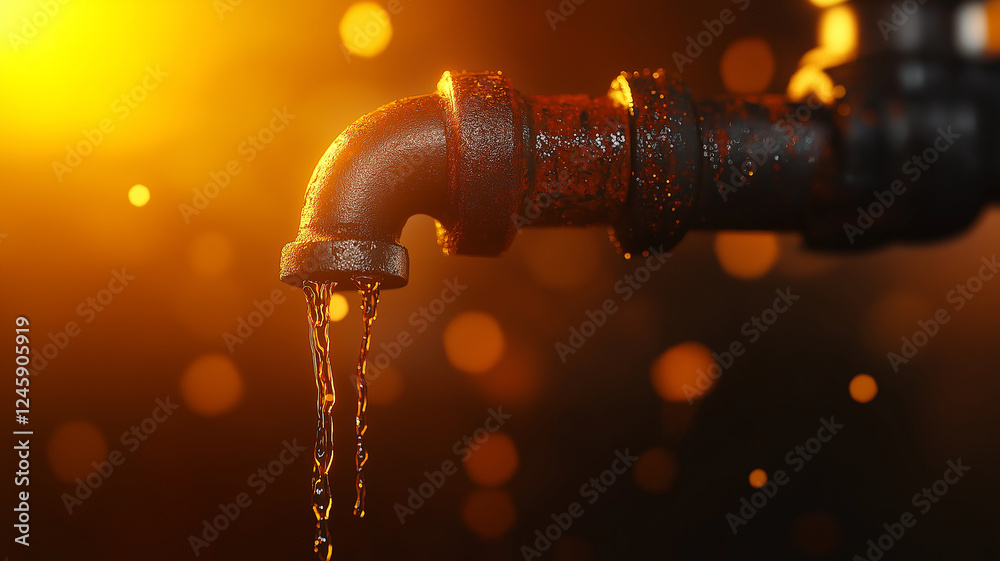 Rusty pipe dripping water in warm, glowing environment, creating moody atmosphere. scene captures beauty of decay and flow of water Rusty pipe dripping water in warm, glowing environment, creating moody atmosphere. scene captures beauty of decay and flow of water