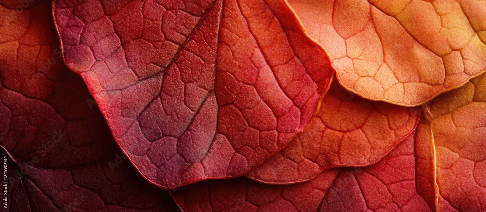 Fototapeta premium Close-up of vibrant autumn leaves showcasing intricate textures and rich colors in warm tones for seasonal nature visuals.