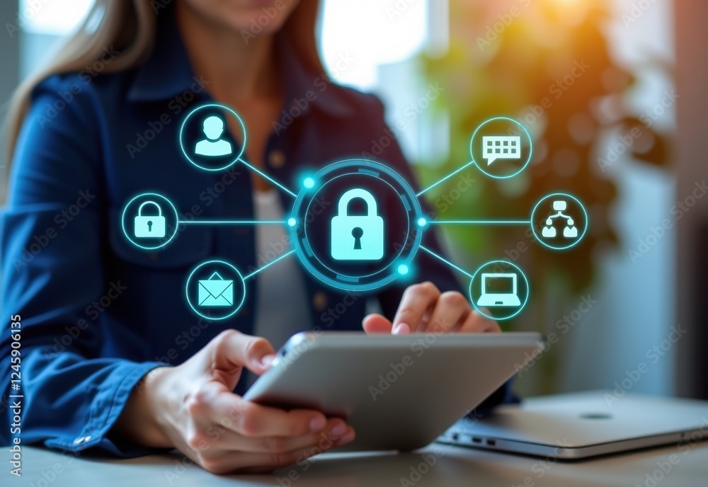 The image depicts a person holding a tablet in a modern office setting The tablet screen displays a futuristic interface with a central glowing padlock icon surrounded by various digital symbols The image depicts a person holding a tablet in a modern office setting The tablet screen displays a futuristic interface with a central glowing padlock icon surrounded by various digital symbols