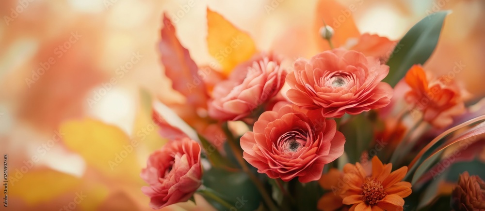 Obraz premium Elegant autumn floral arrangement featuring vibrant red flowers and autumn leaves in a soft, warm background setting.