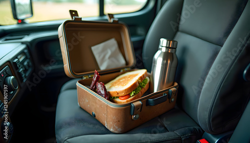Truck cabin scene, enjoying lunch with sandwiches and thermos, ready for a break
