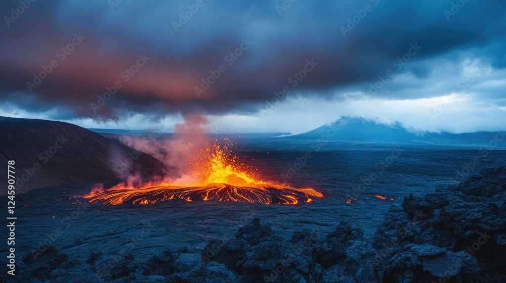 Fototapeta premium A violent volcanic eruption lighting up a stormy sky, casting a fiery glow over the rugged, desolate landscape as molten lava pours down.