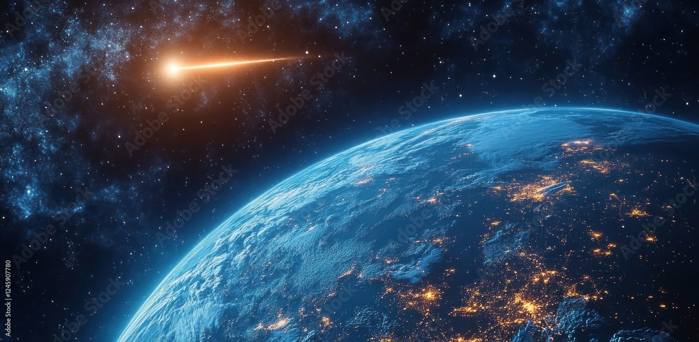 Obraz premium Earth from Space with Glowing Comet and Asteroid Threatening Planet