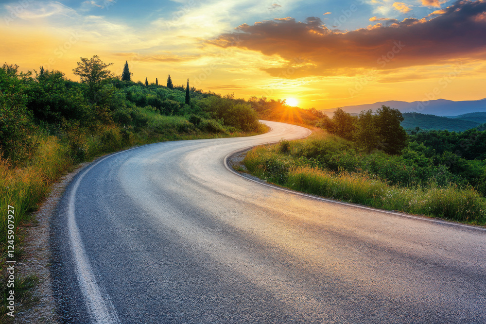 Naklejka premium Sunset over the winding road with cypresses in Tuscany