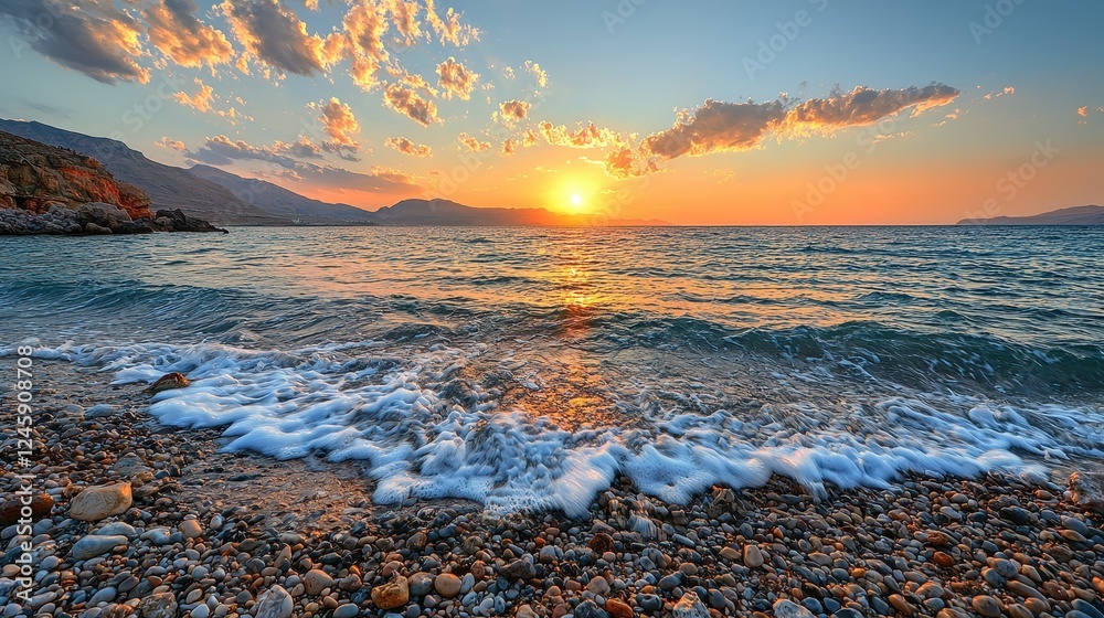 Obraz premium Sunset waves crash on pebble beach coastal serenity nature photography tranquil environment scenic viewpoint