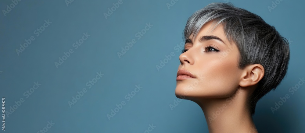 Elegant profile of a woman featuring a short gray pixie haircut with a pastel background and space for text placement. Elegant profile of a woman featuring a short gray pixie haircut with a pastel background and space for text placement.