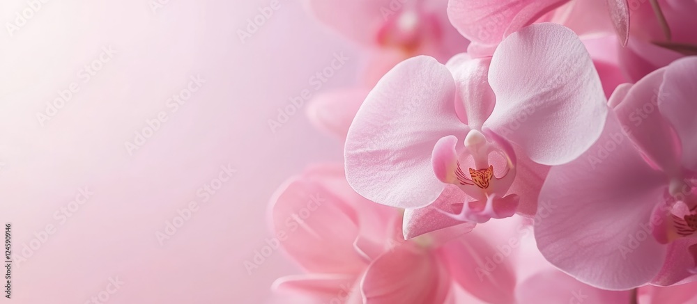 Elegant pink Vanda orchids in a dreamy spring background with soft focus and ample space for text or creative design elements. Elegant pink Vanda orchids in a dreamy spring background with soft focus and ample space for text or creative design elements.