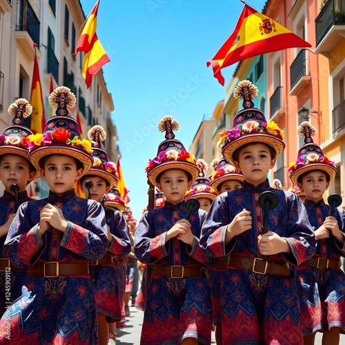 Procesión Cultural con Trajes Folclóricos Jóvenes en Celebración Festiva Española photo